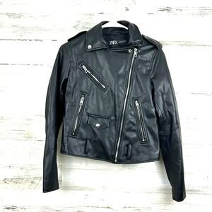 Zara Womens XS Black Vegan Leather Lined Zip Moto Biker Jacket Boho Chic NEW